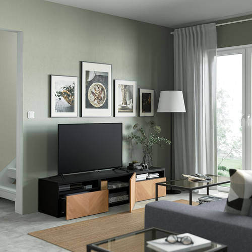 BESTÅ TV bench with drawers and door, black-brown/Hedeviken oak veneer, 180x42x39 cm