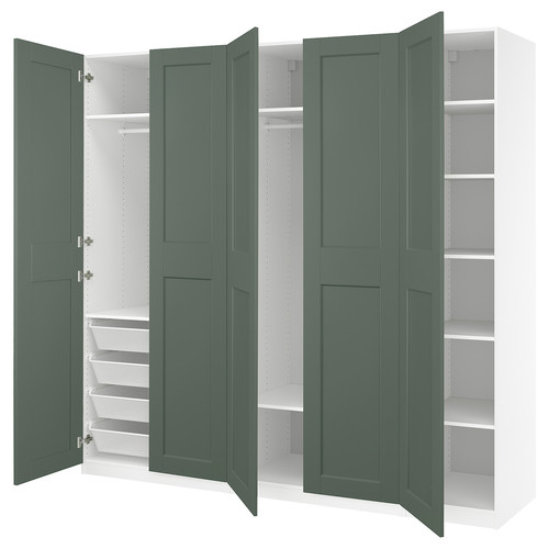 PAX / GRIMO Wardrobe combination, white/grey-green, 250x60x236 cm
