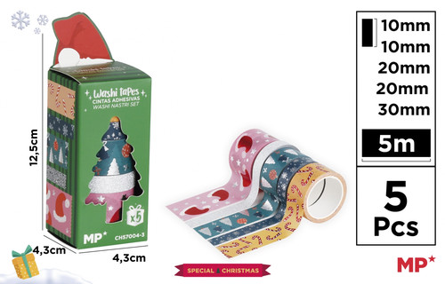 Christmas Washi Tape Set with Gold Print, 5 Rolls