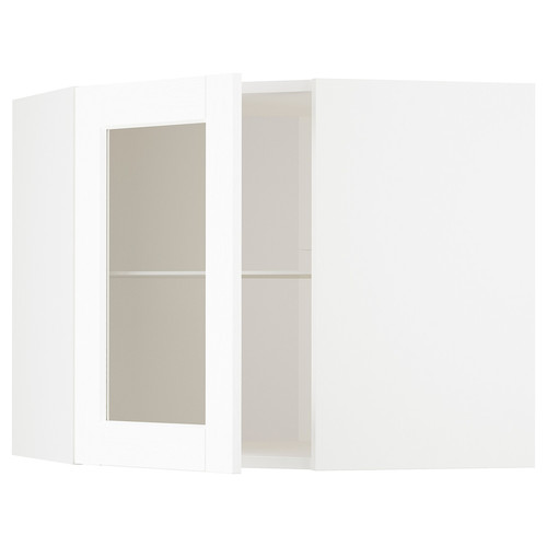 METOD Corner wall cab w shelves/glass dr, white Enköping/white wood effect, 68x60 cm