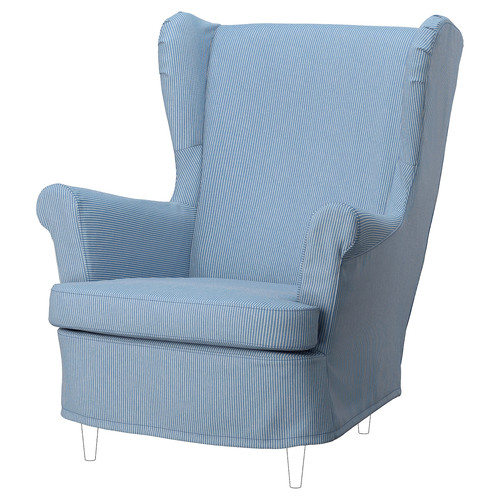 STRANDMON Slipcover for wing chair, Sjölyckan dark blue/beige stripe pattern