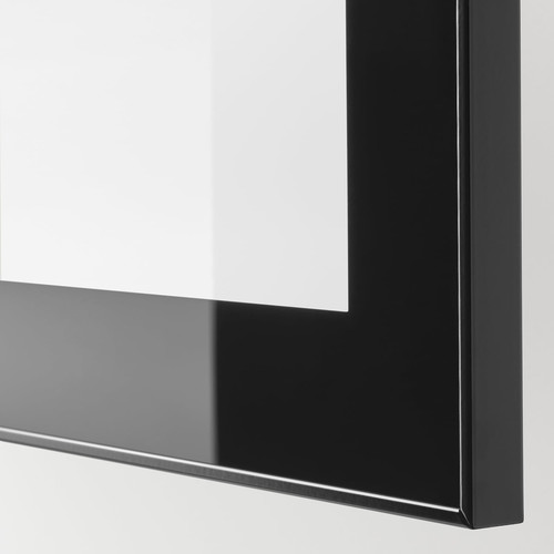 BESTÅ TV storage combination/glass doors, black-brown/Selsviken high-gloss/black clear glass, 300x42x193 cm