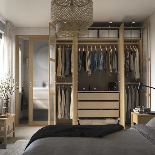 PAX / TONSTAD Wardrobe combination, grey-beige/oak veneer glass, 200x60x236 cm