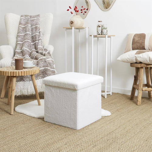 Folding Pouffe, boucle, white