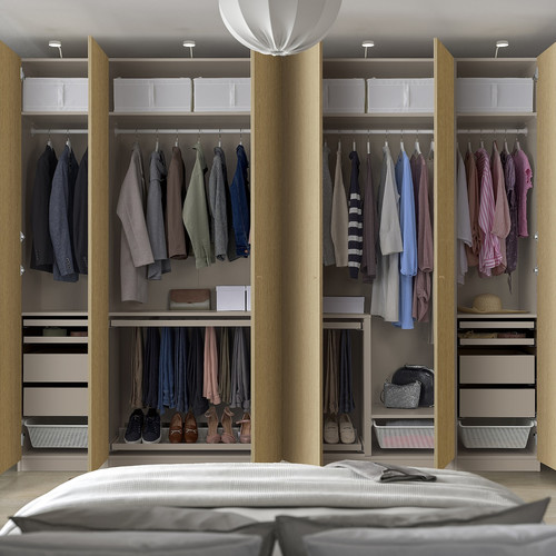 PAX / STORKLINTA Wardrobe combination, grey-beige/oak effect, 300x60x236 cm