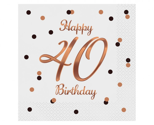 Napkins Happy 40 Birthday, white/rose-gold, 33x33cm, 20pcs