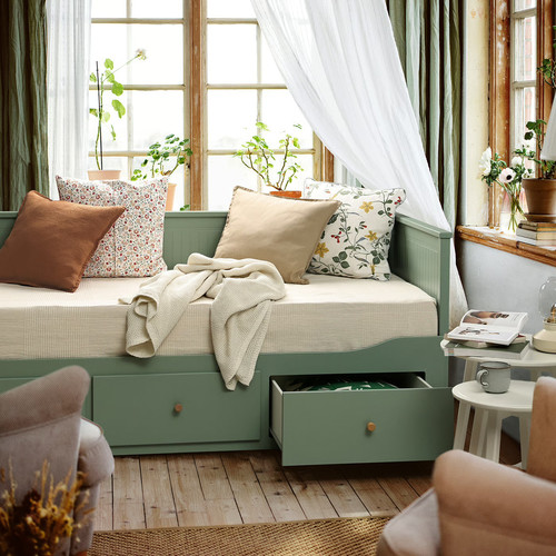 HEMNES Day-bed frame with 3 drawers, grey-green, 80x200 cm