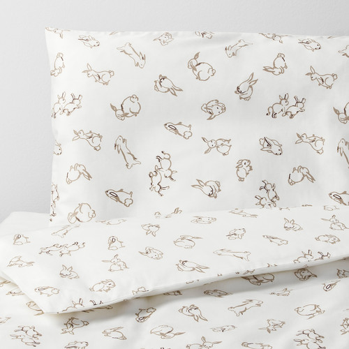 RÖDHAKE Quilt cover/pillowcase for cot, rabbit pattern, white/beige, 110x125/35x55 cm