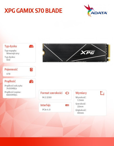 Adata SSD XPG GAMIX S70 BLADE 4TB PCIe 4x4 7.4/6.6 GBs