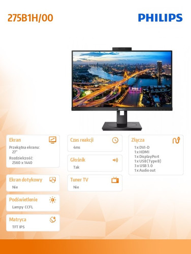 Philips 27" LCD Monitor with Windows Hello Webcam 275B1H IPS DVI HDMI DP Pivot
