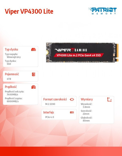 Patriot SSD 4TB Viper VP4300 Lite 7400/6000 M.2 PCIe Gen4x4 NVMe 2.0 PS5