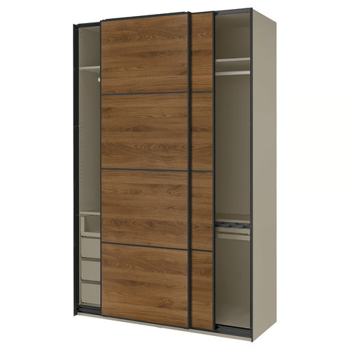 PAX / MEHAMN Wardrobe with sliding doors, grey-beige black/double sided walnut, 150x66x236 cm