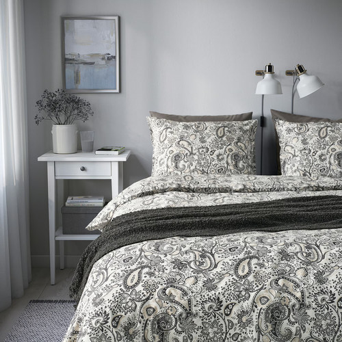 RODGERSIA Duvet cover and 2 pillowcases, grey/white, 200x200/50x60 cm