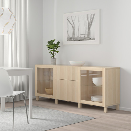 BESTÅ Storage combination with drawers, white stained oak effect Lappviken, Sindvik/Stubbarp white stained oak eff clear glass, 180x42x74 cm