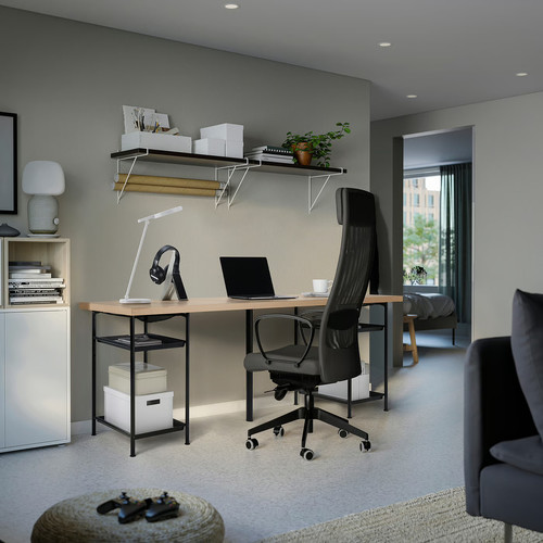 LAGKAPTEN / SPÄND Desk, white stained oak effect/black, 200x60 cm