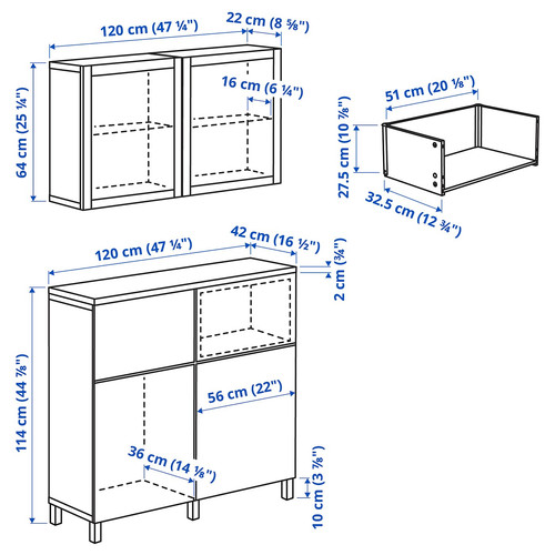 BESTÅ Storage combination w doors/drawers, white/Sutterviken/Kabbarp white clear glass, 120x42x240 cm