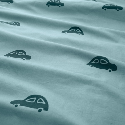 BARNDRÖM Duvet cover and pillowcase, car pattern, blue, 150x200/50x60 cm