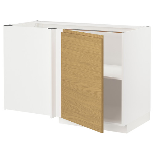 METOD Corner base cabinet with shelf, white/Voxtorp oak effect, 128x68 cm