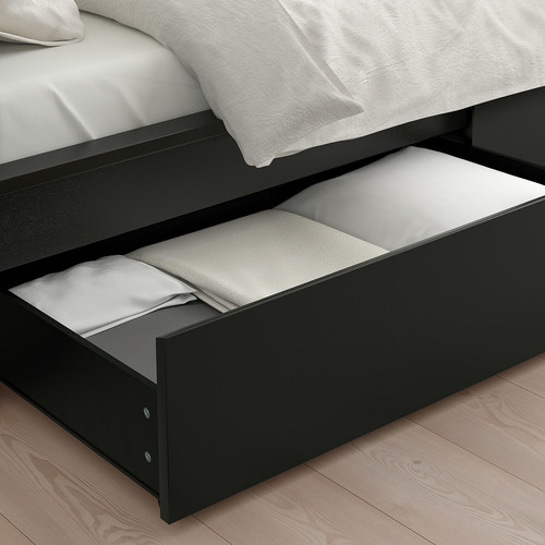 MALM Bed frame, high, w 2 storage boxes, black-brown/Lindbåden, 160x200 cm