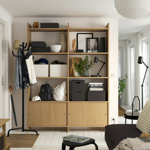 LÅDMAKARE Storage combination w sliding doors, with 6 shelves/oak effect, 159x35x212 cm