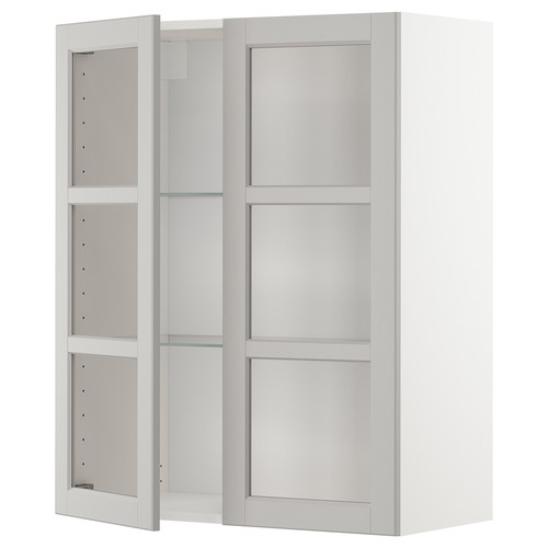 METOD Wall cabinet w shelves/2 glass drs, white/Lerhyttan light grey, 80x100 cm