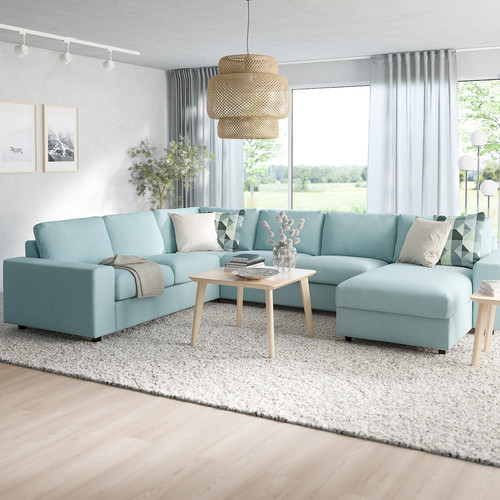 VIMLE Corner sofa, 5-seat w chaise longue, with wide armrests/Saxemara light blue