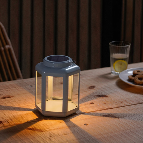 SOLVINDEN LED solar-powered table lamp, lantern/light blue, 17 cm