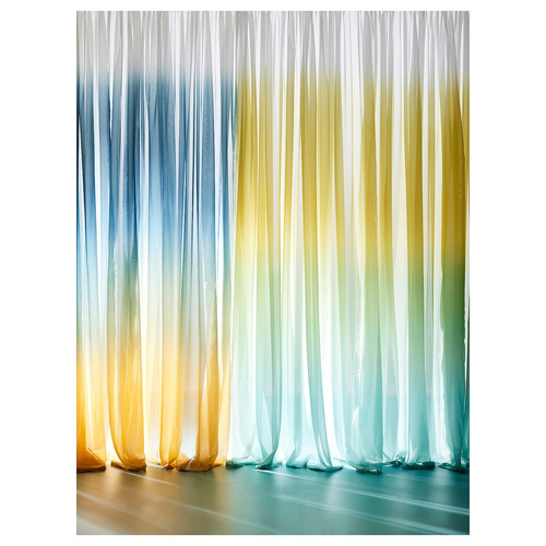 GLASÖRT Sheer curtain, 1 piece, light yellow/grey-turquoise, 300x300 cm