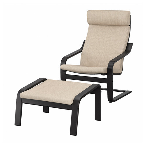 POÄNG Armchair and footstool, black-brown/Hillared beige