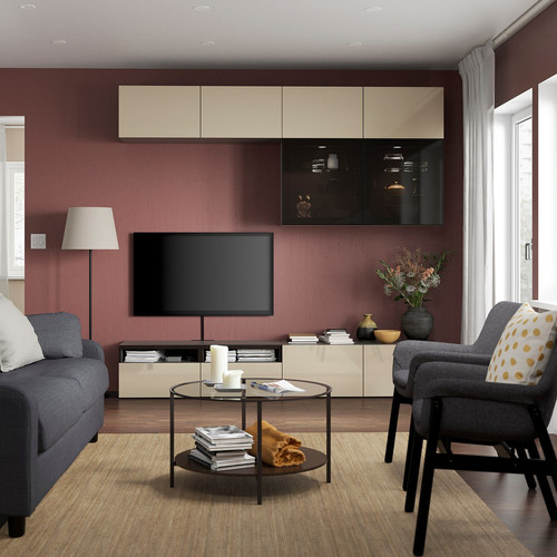 BESTÅ TV storage combination/glass doors, black-brown/Selsviken high-gloss/beige smoked glass, 240x42x231 cm