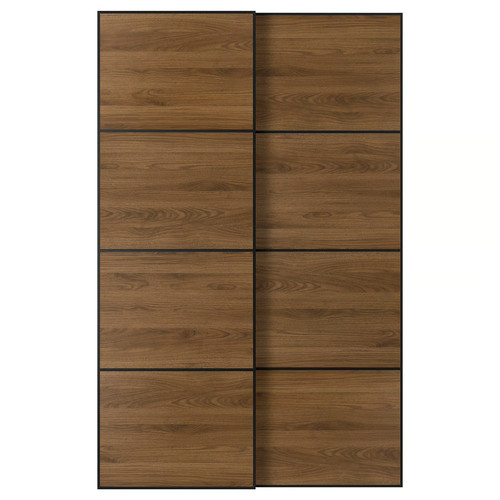 MEHAMN Pair of sliding doors, black/double sided walnut, 150x236 cm