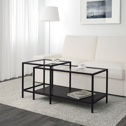 VITTSJÖ Nesting tables, set of 2, black-brown, glass, 90x50 cm