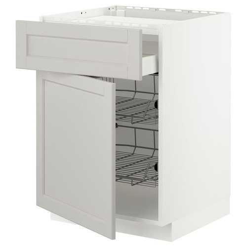 METOD / MAXIMERA Base cab f hob/drawer/2 wire bskts, white/Lerhyttan light grey, 60x60 cm