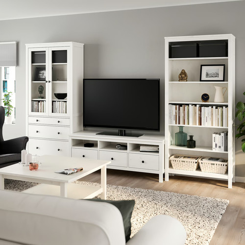 HEMNES TV storage combination, white stain, clear glass, 326x197 cm