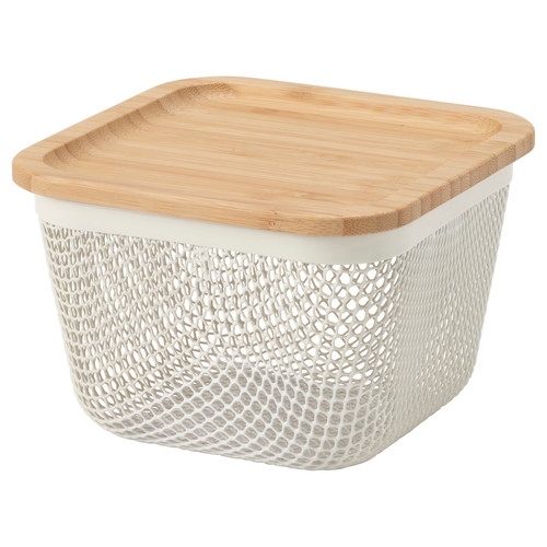 IKEA 365+ Food storage basket with lid, square metal/white bamboo, 15x15x11 cm