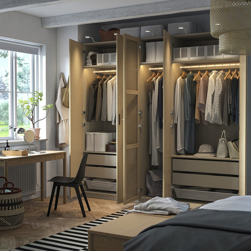 PAX / TONSTAD Wardrobe combination, grey-beige/oak veneer glass, 250x60x236 cm