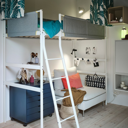 VITVAL Loft bed frame, white, light grey, 90x200 cm