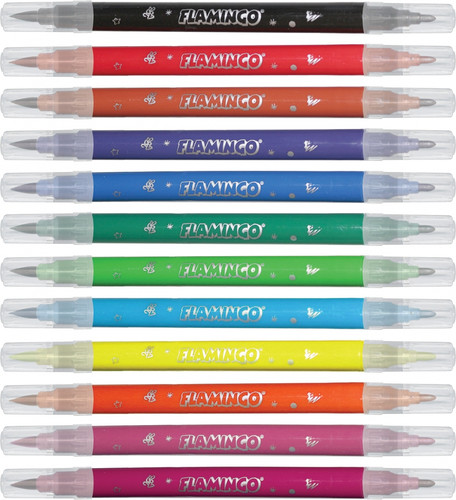 Flamingo Double Fibre-Tip Pens Fine & Brush 12 Colours