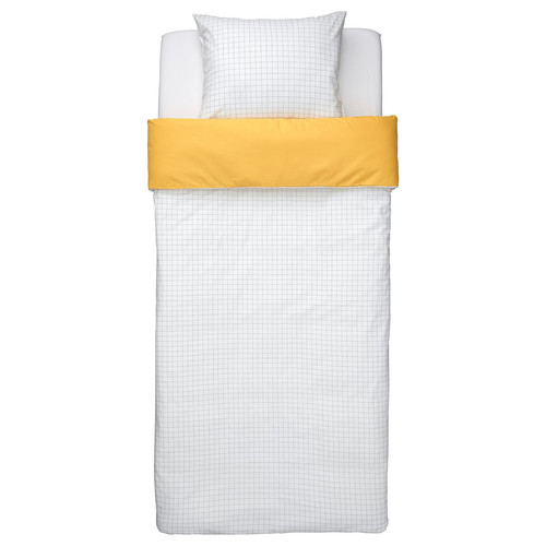 VÄNKRETS Duvet cover and pillowcase, check pattern white, yellow, 150x200/50x60 cm