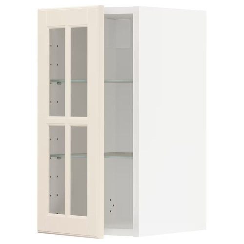 METOD Wall cabinet w shelves/glass door, white/Bodbyn off-white, 30x60 cm