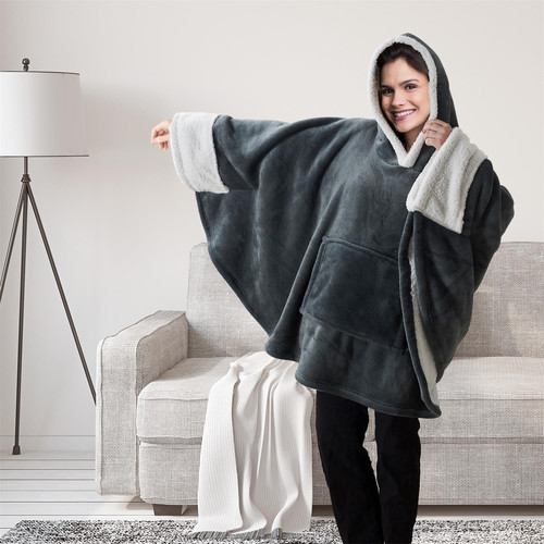Blanket Poncho with Hood, grey