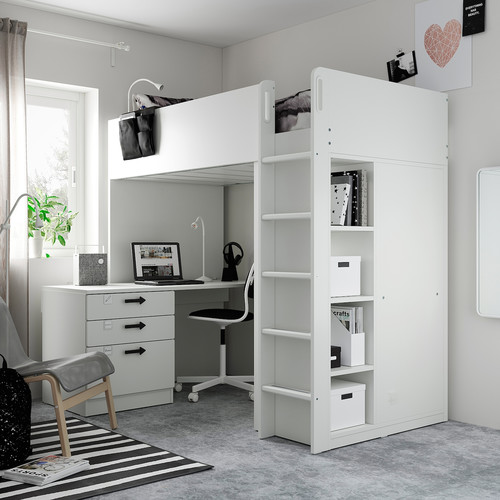 SMÅSTAD Loft bed, white white/with desk with 4 drawers, 90x200 cm