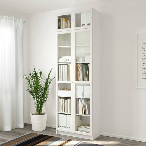 BILLY / OXBERG Bookcase w height extension ut/drs, white/glass, 80x42x237 cm