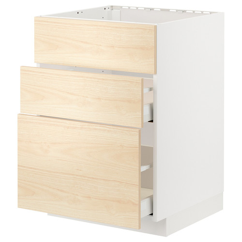 METOD / MAXIMERA Base cab f hob/int extractor w drw, white/Askersund light ash effect, 60x60 cm