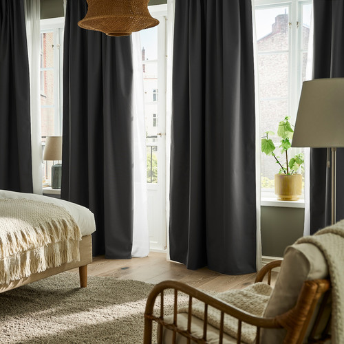 KORGMOTT Block-out curtains, 1 pair, dark grey/with heading tape, 145x300 cm