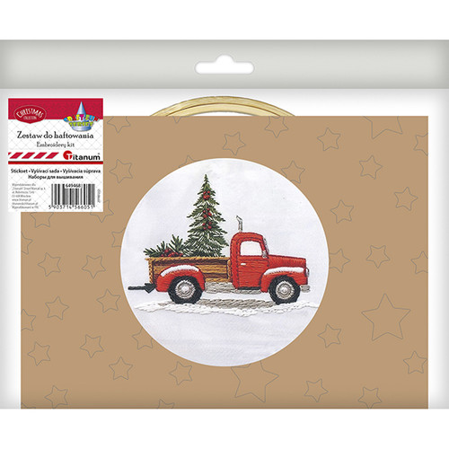 DIY Embroidery Kit: Red Pickup Truck with Christmas Tree