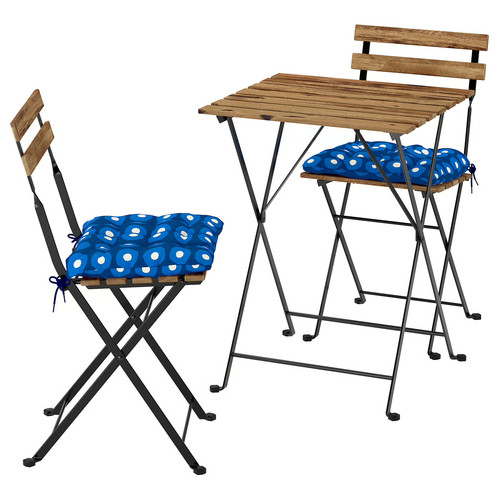 TÄRNÖ Table+2 chairs, outdoor, foldable black/light brown stained/foldable Klösan dark blue, 55x54 cm