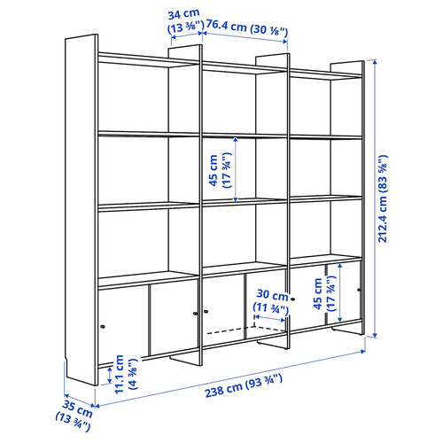 LÅDMAKARE Storage combination w sliding doors, with 9 shelves/oak effect, 238x35x212 cm