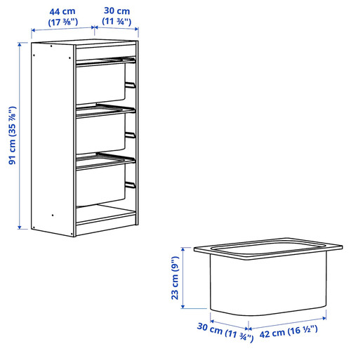TROFAST Storage combination with boxes, light white stained pine/grey-blue, 44x30x91 cm