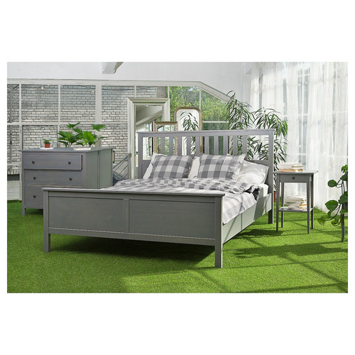 HEMNES Bed frame, grey stained/Lönset, 140x200 cm